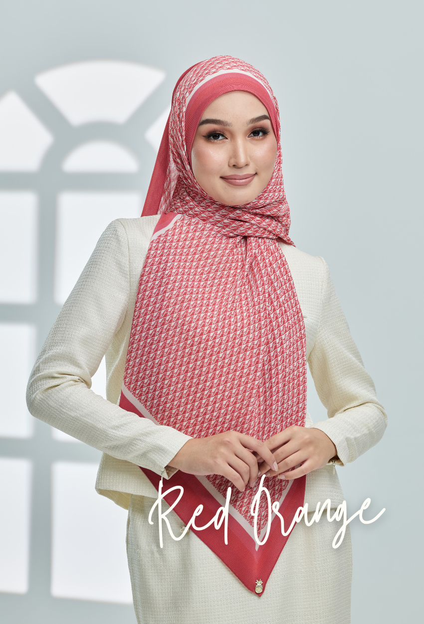 ( Full Wide Pleats Shawl ) Classy Monogram ( DARK ORANGE ) - RED ORANGE