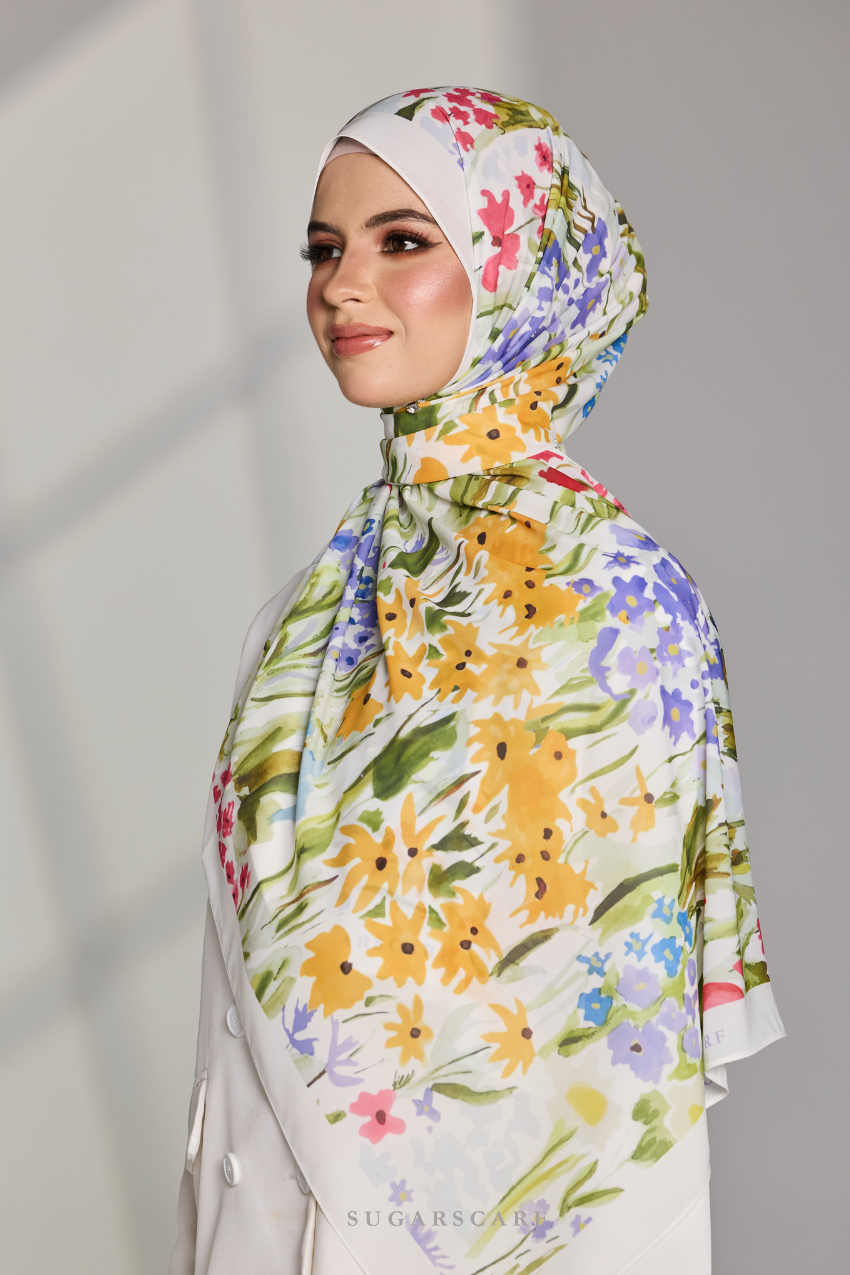 Korean Chiffon Long Shawl (Garden Whimsy) in Petal Glaze