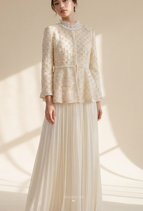 Rossie 2-Piece Pleated Dress With Crystal Blazer In White (Copy)