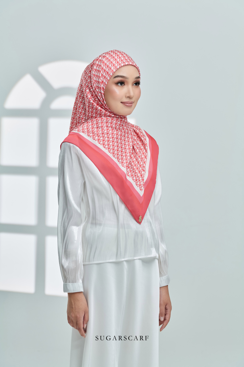 ( Square ) Classy Monogram Mixed Satin Silk Scarf ( Dark Orange )