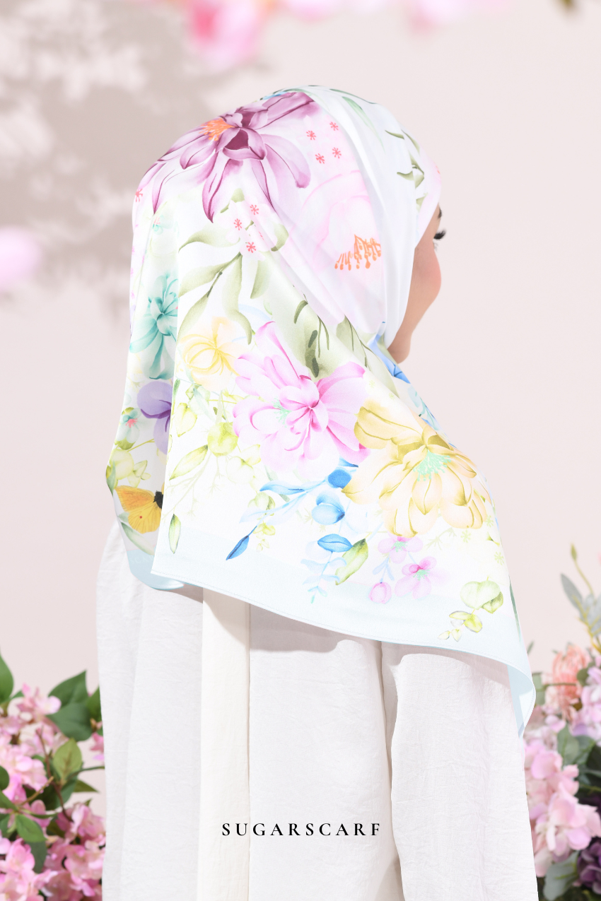 YES DEFECT - ( Square ) Soulful Bloom Mixed Silk Satin Scarf ( Laila - Blue )