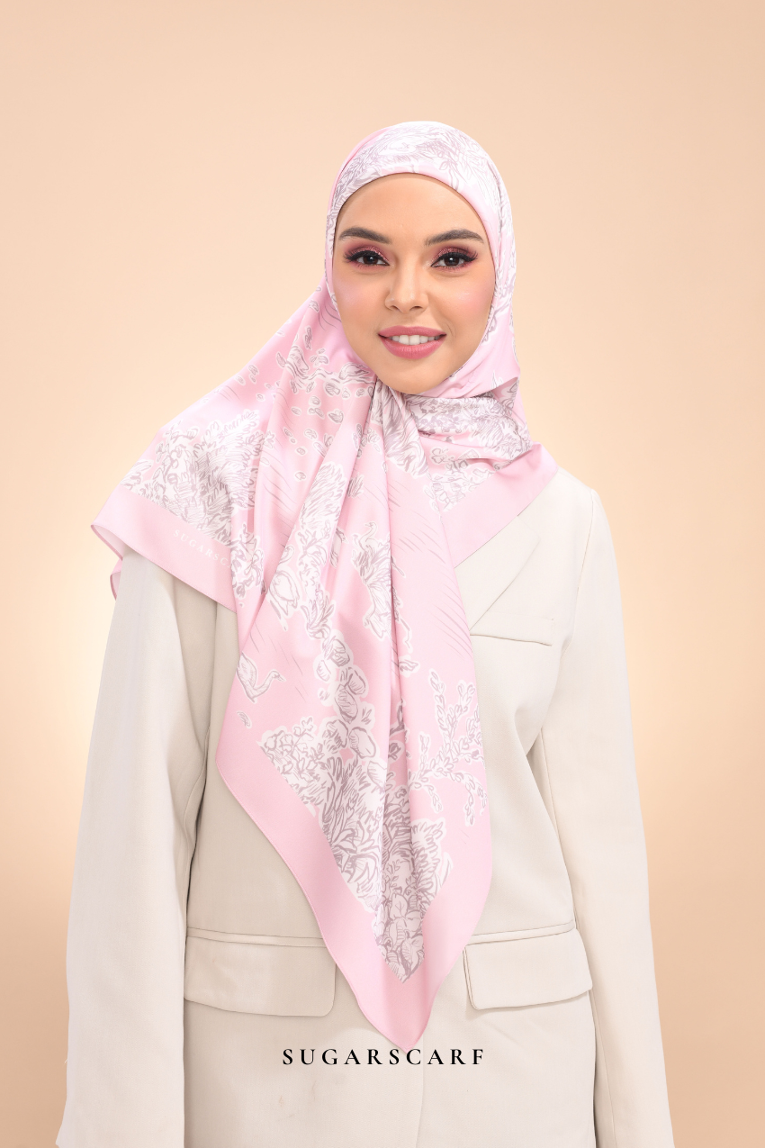 Dear Jouy Deer Tales Edition Matte Satin Silk Square In ( Pastry Pink )