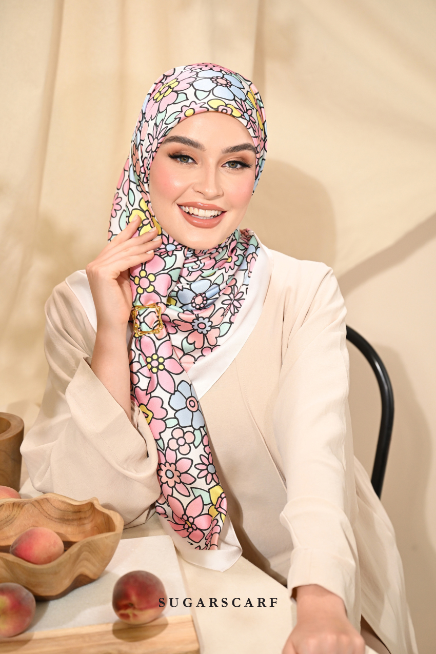 ( Square ) Eid Flower Power Mixed Satin Silk Scarf ( BESTIE )