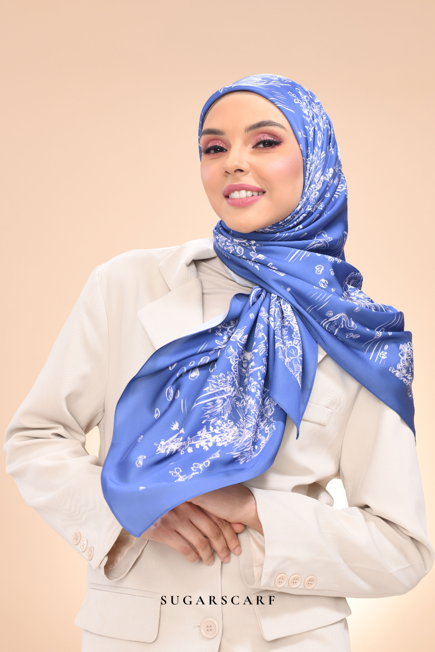 YES ( Square ) Dear Jouy Deer Tales Edition Matte Satin Silk Scarf ( Denim Blue )