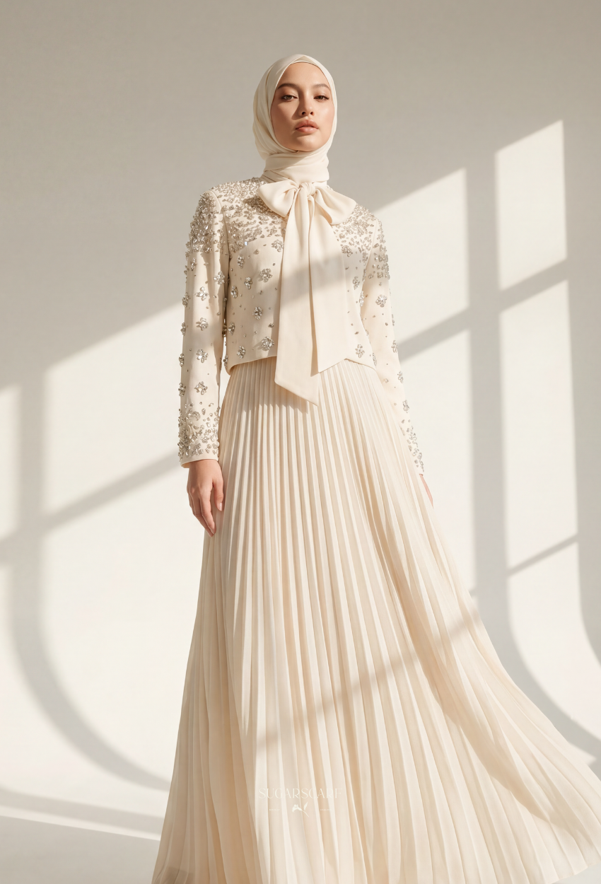 Elara 2-Piece Pleated Dress With Crystal Blazer In Cream
