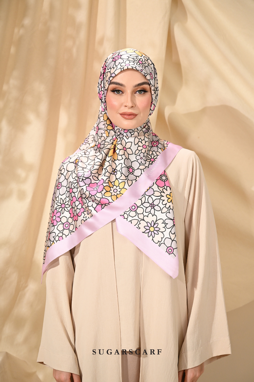 ( Square ) Eid Flower Power Mixed Satin Silk Scarf ( HANDBAGS )