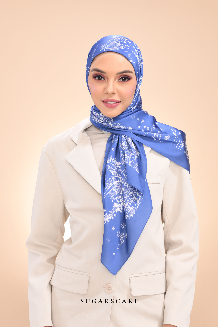 YES ( Square ) Dear Jouy Deer Tales Edition Matte Satin Silk Scarf ( Denim Blue )