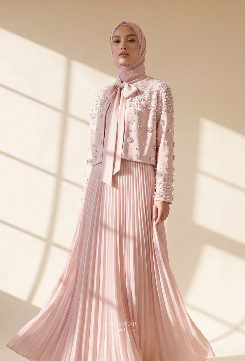 Elara 2-Piece Pleated Dress With Crystal Blazer In BabyPink