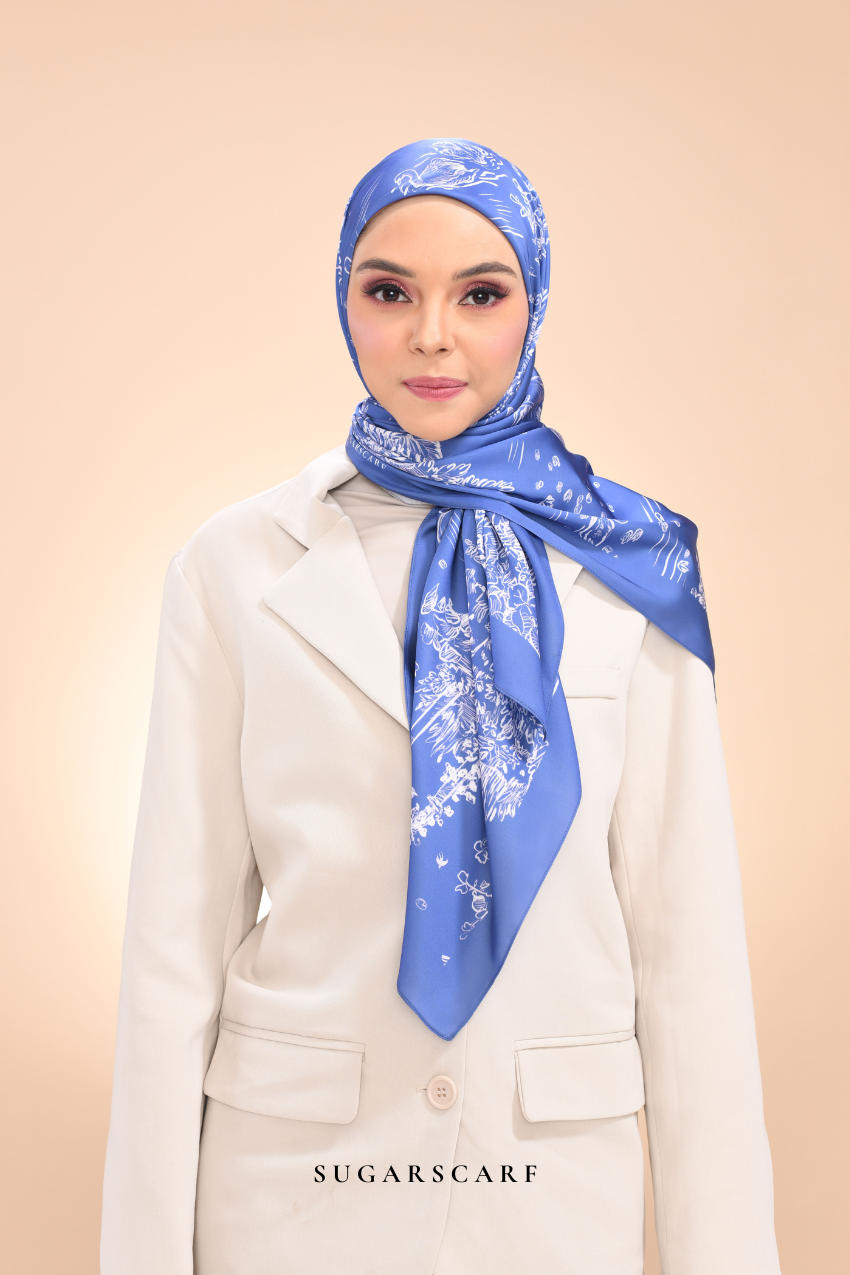 YES ( Square ) Dear Jouy Deer Tales Edition Matte Satin Silk Scarf ( Denim Blue )