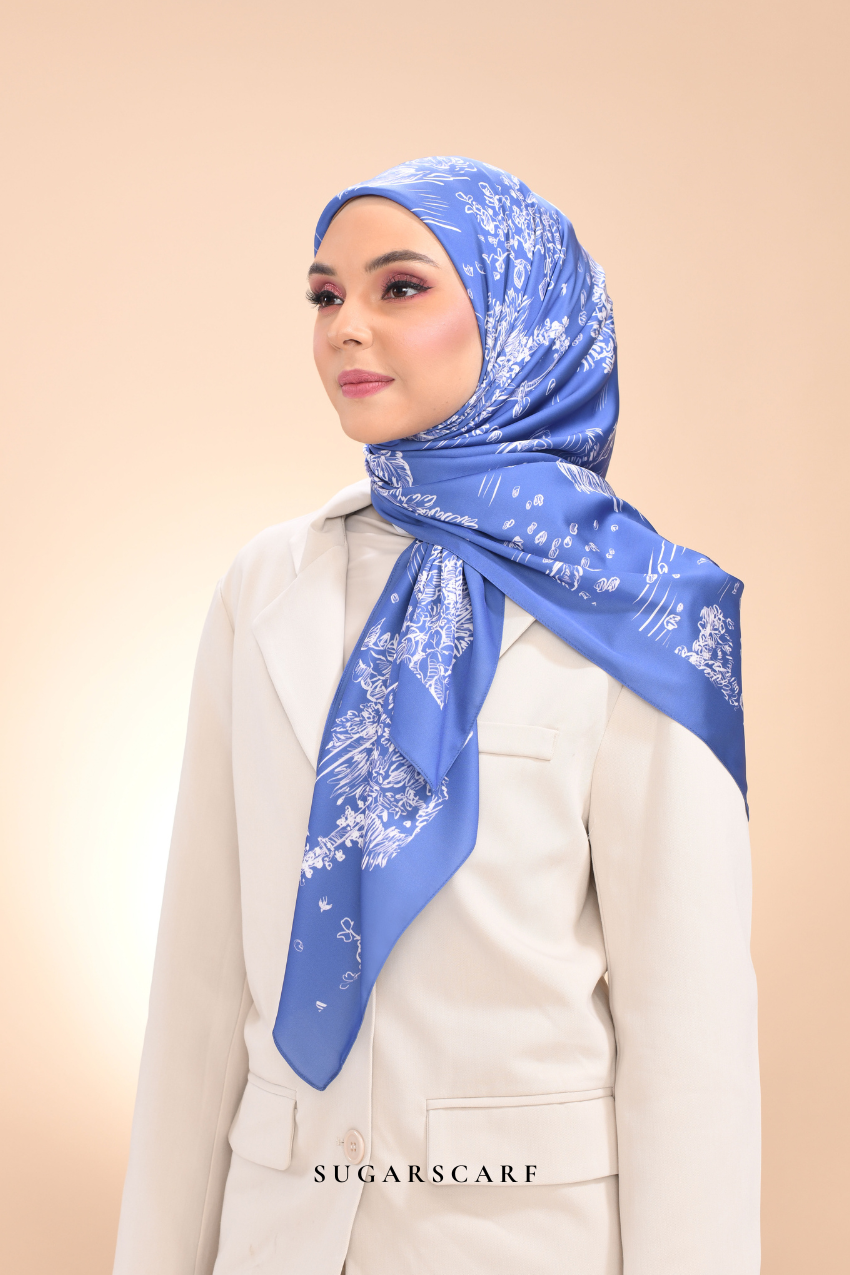 YES ( Square ) Dear Jouy Deer Tales Edition Matte Satin Silk Scarf ( Denim Blue )