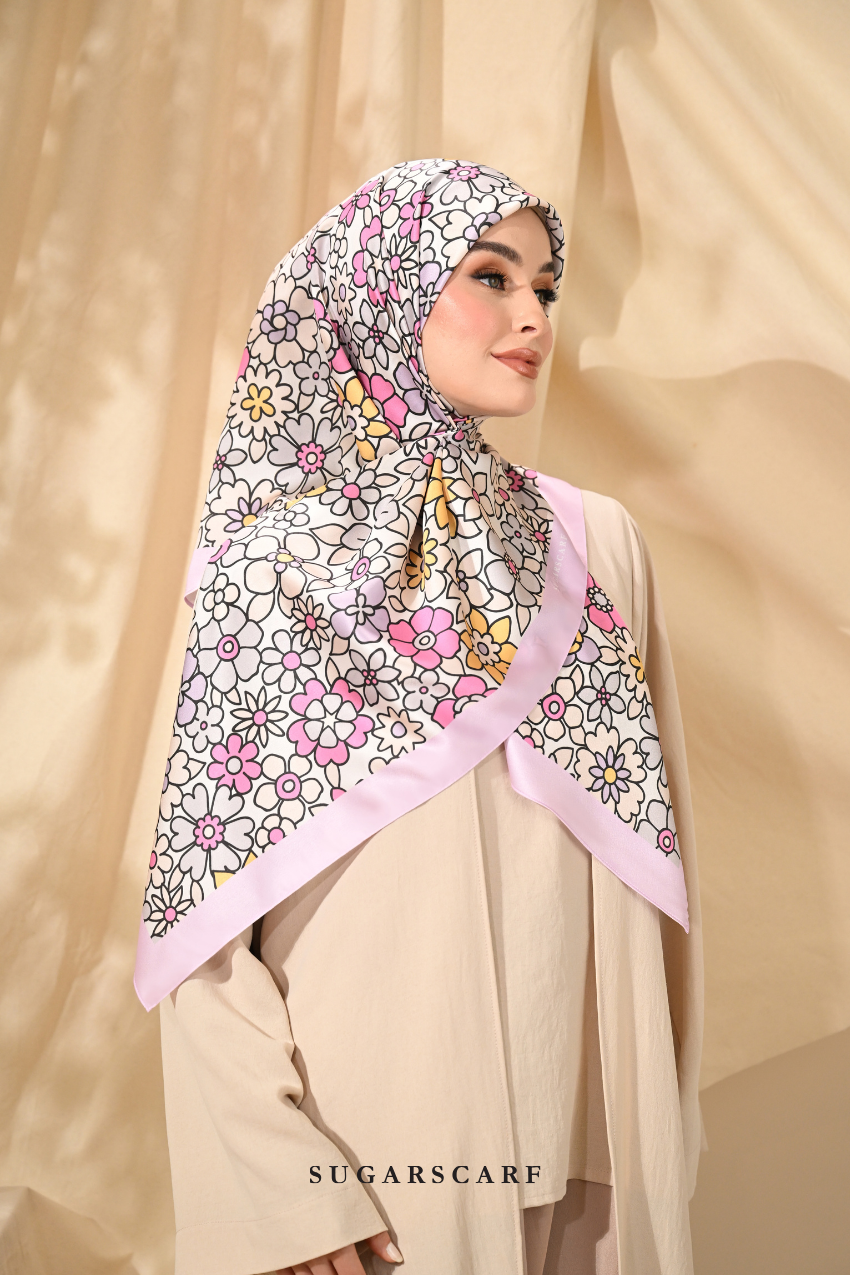 ( Square ) Eid Flower Power Mixed Satin Silk Scarf ( HANDBAGS )