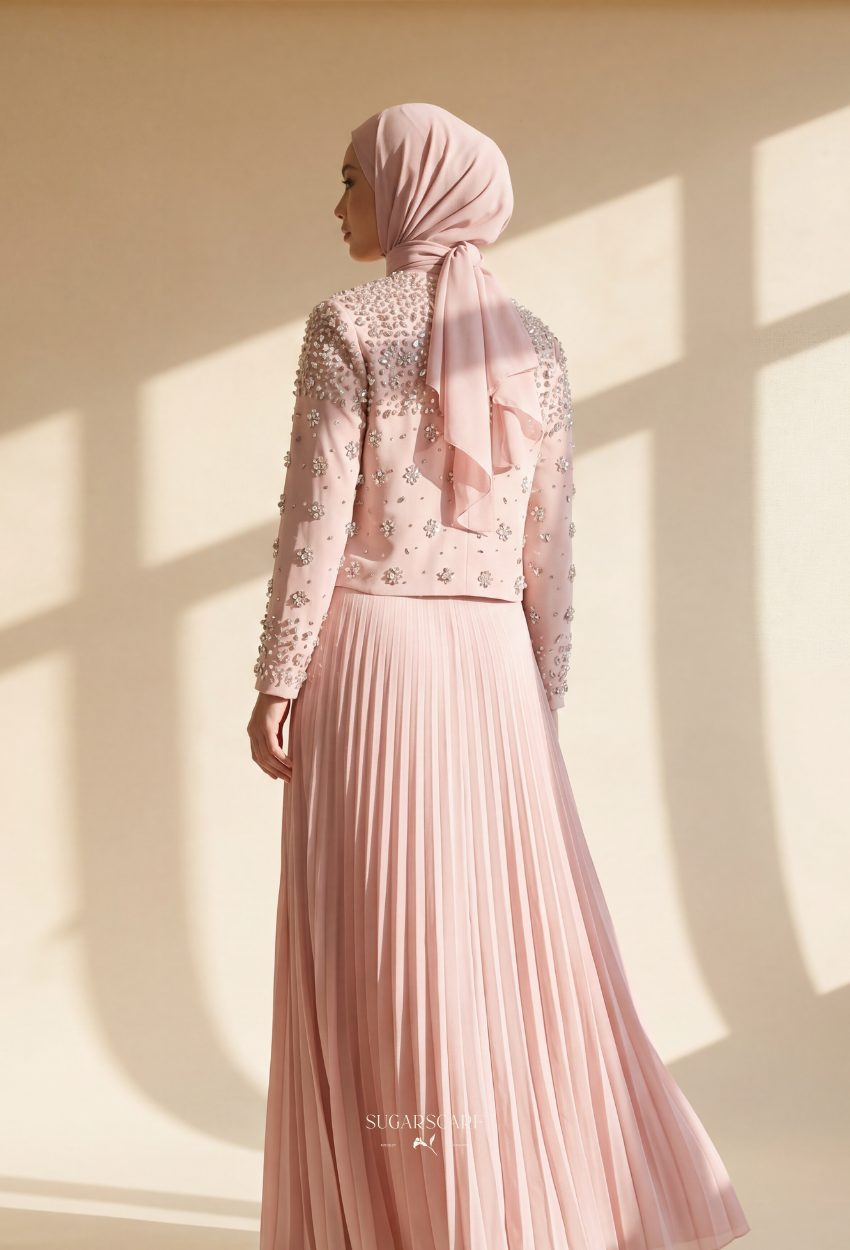 Elara 2-Piece Pleated Dress With Crystal Blazer In BabyPink