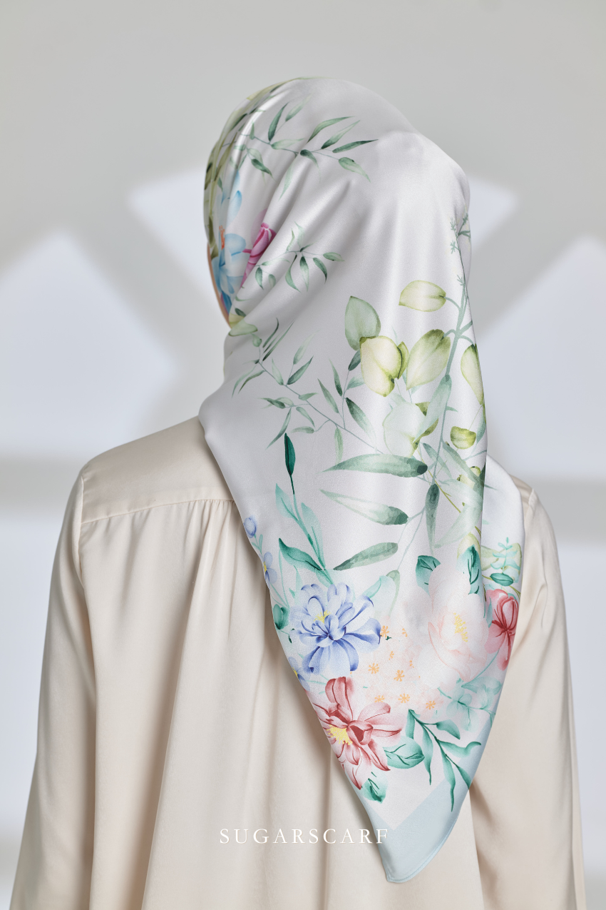 ( Square ) Soulful Bloom Mixed Silk Satin Scarf ( Laila - Blue )