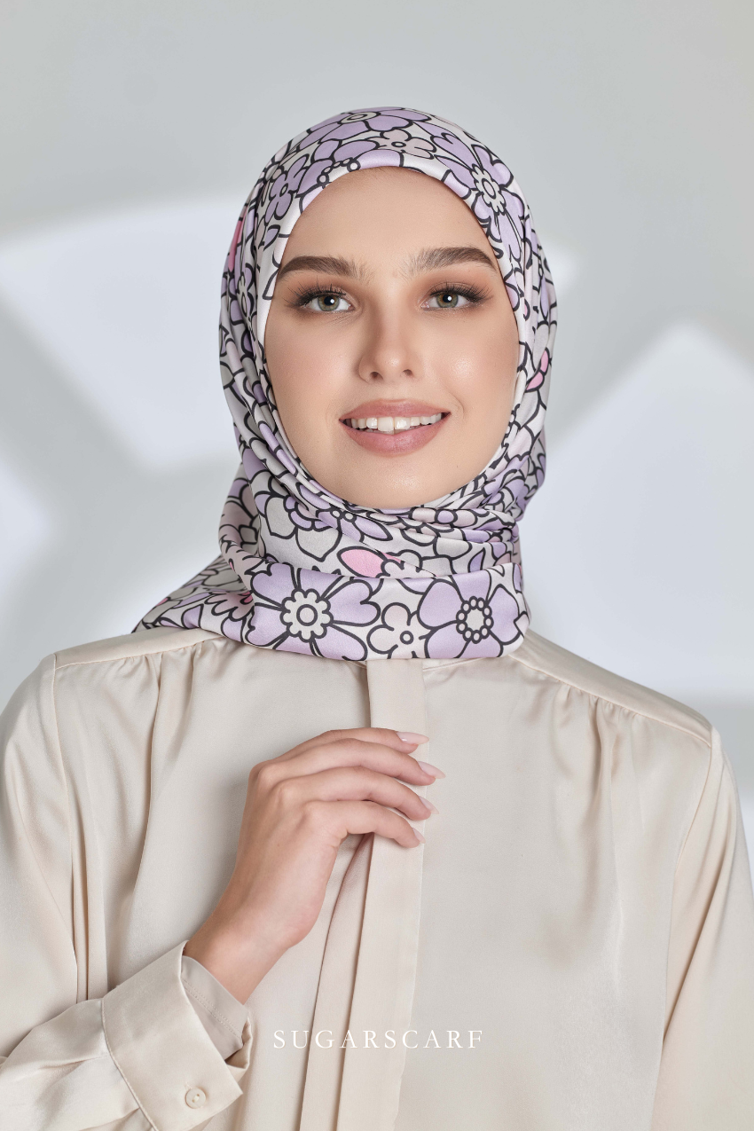 ( Square ) Eid Flower Power Mixed Satin Silk Scarf ( PILLOW TALK )