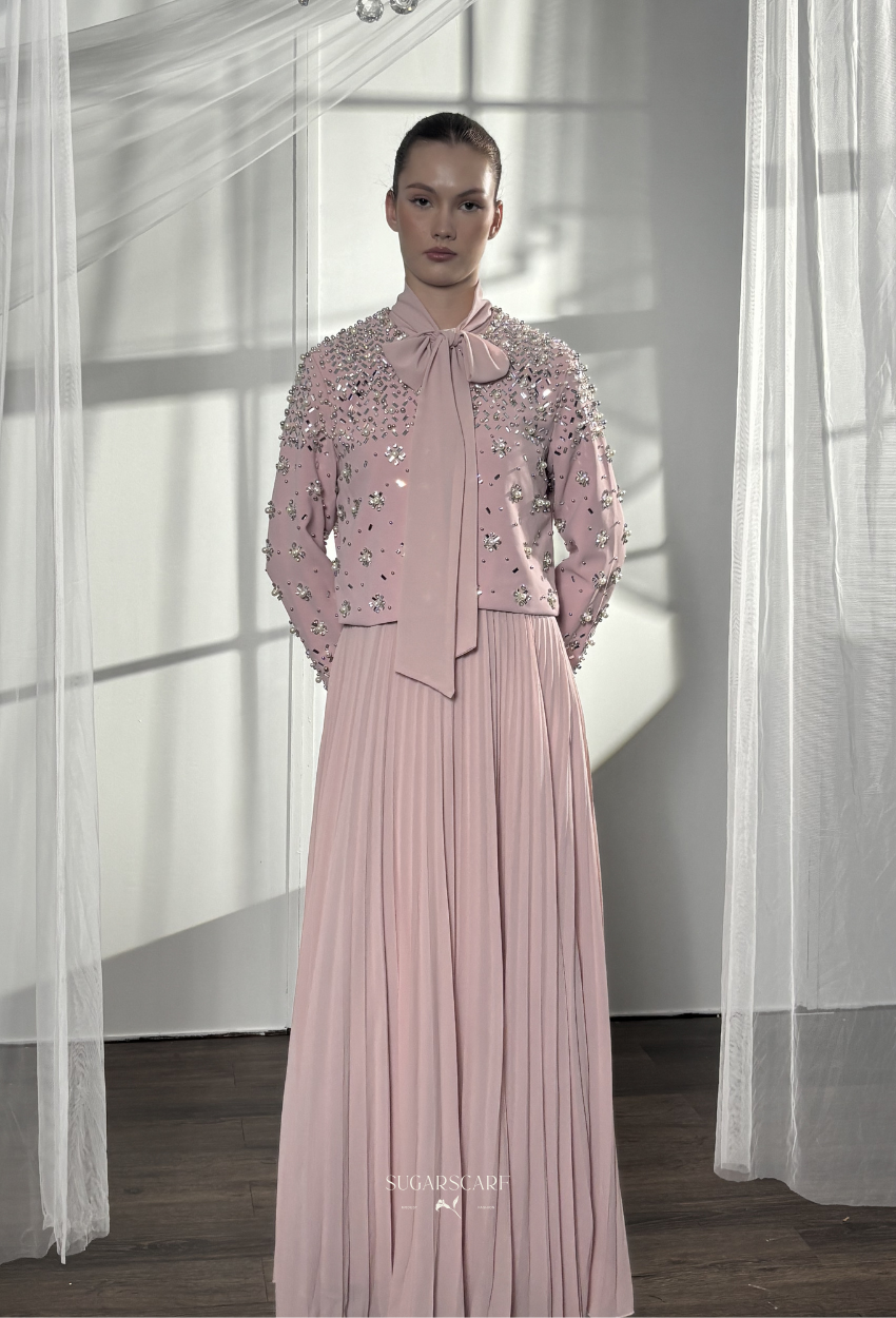 Elara 2-Piece Pleated Dress With Crystal Blazer In BabyPink