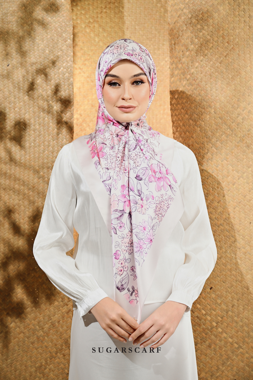YES DEFECT - ( Square ) Seri Blooming Mixed Satin Silk Scarf ( NILA )
