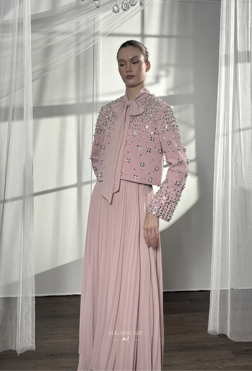 Elara 2-Piece Pleated Dress With Crystal Blazer In BabyPink