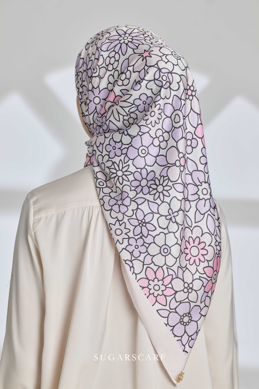 ( Square ) Eid Flower Power Mixed Satin Silk Scarf ( PILLOW TALK )