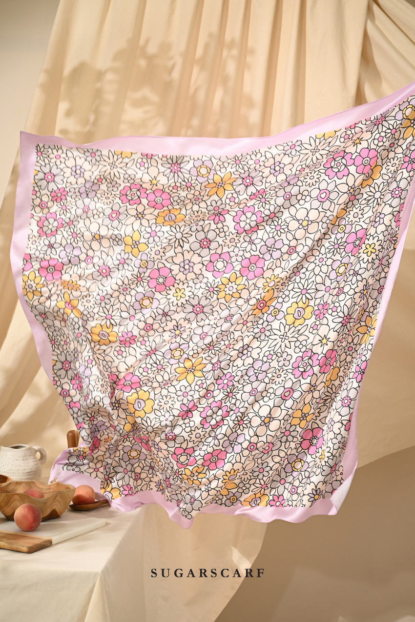 ( Square ) Eid Flower Power Mixed Satin Silk Scarf ( HANDBAGS )