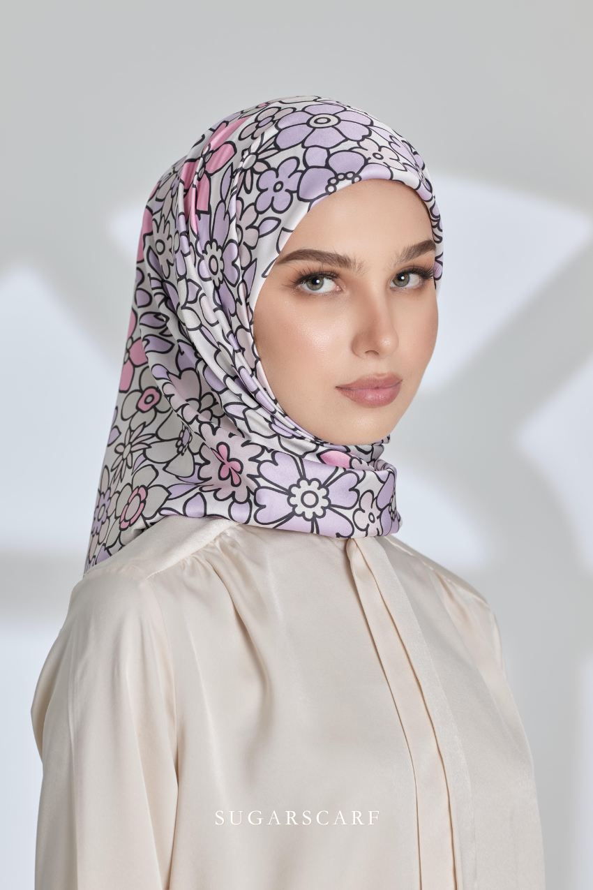 ( Square ) Eid Flower Power Mixed Satin Silk Scarf ( PILLOW TALK )