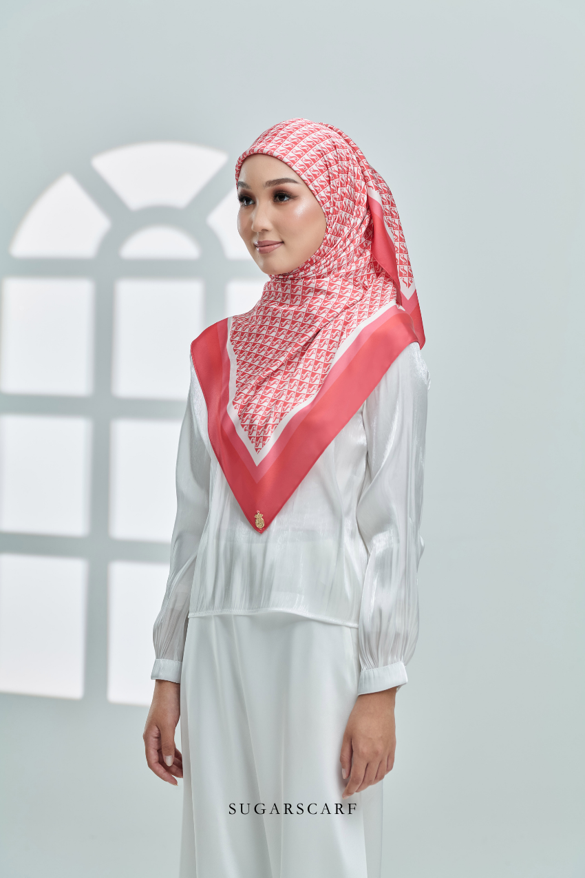 ( Square ) Classy Monogram Mixed Satin Silk Scarf ( Dark Orange )