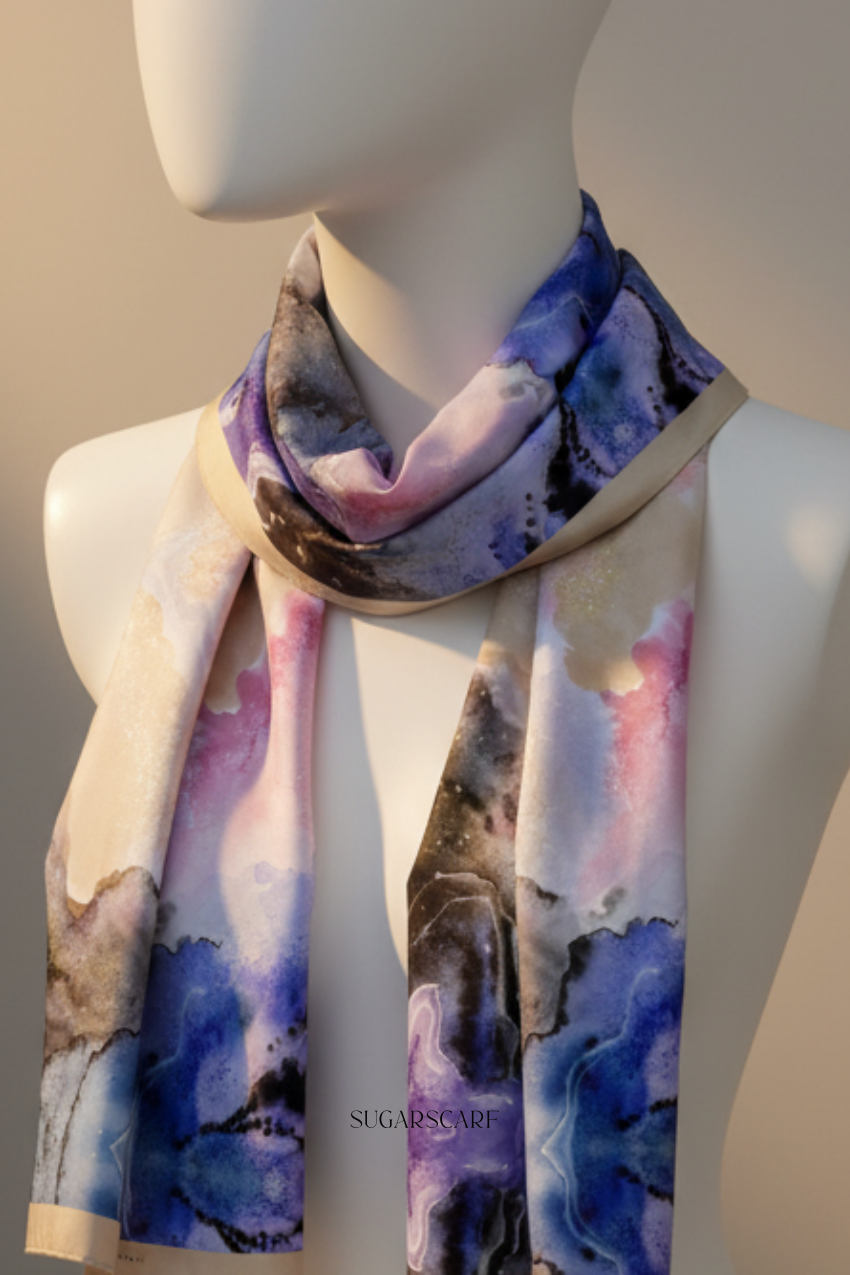 YES DEFECT - ( Shawl ) Celeste Matte Satin Silk In Purple Galaxy