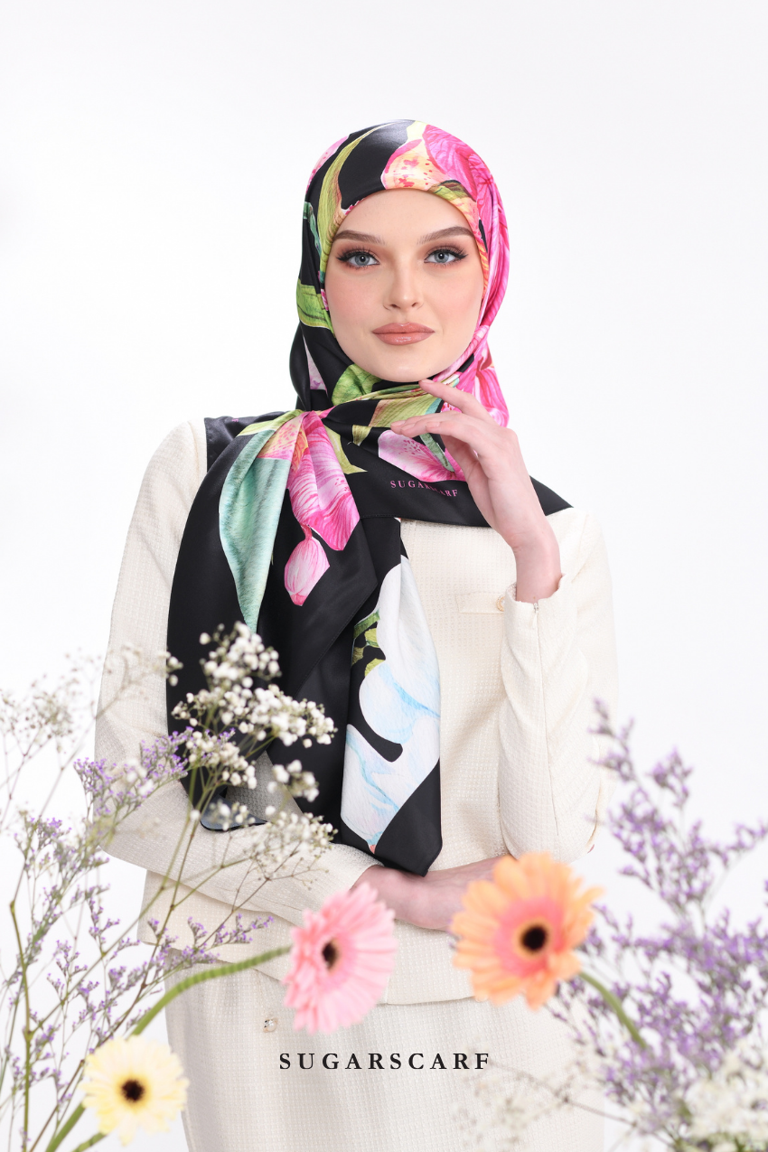 YES ( Square ) Seri Fiora Mixed Satin Silk Scarf ( SERI MALAM )