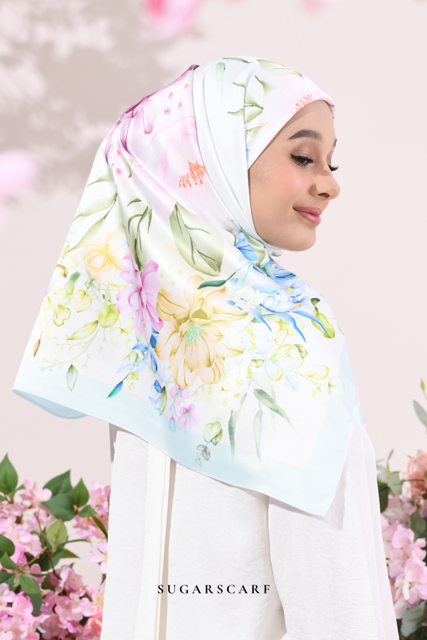 YES DEFECT - ( Square ) Soulful Bloom Mixed Silk Satin Scarf ( Laila - Blue )