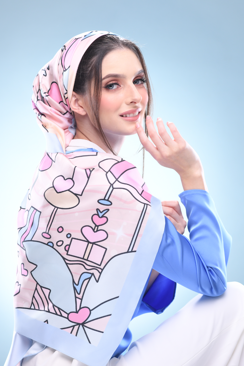 YES DEFECT - ( Satin Square ) LE ThePinkHoliday Satin Silky Matte Scarf ( Blue Sand )