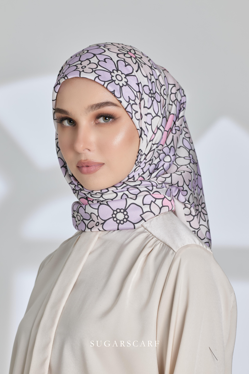 ( Square ) Eid Flower Power Mixed Satin Silk Scarf ( PILLOW TALK )