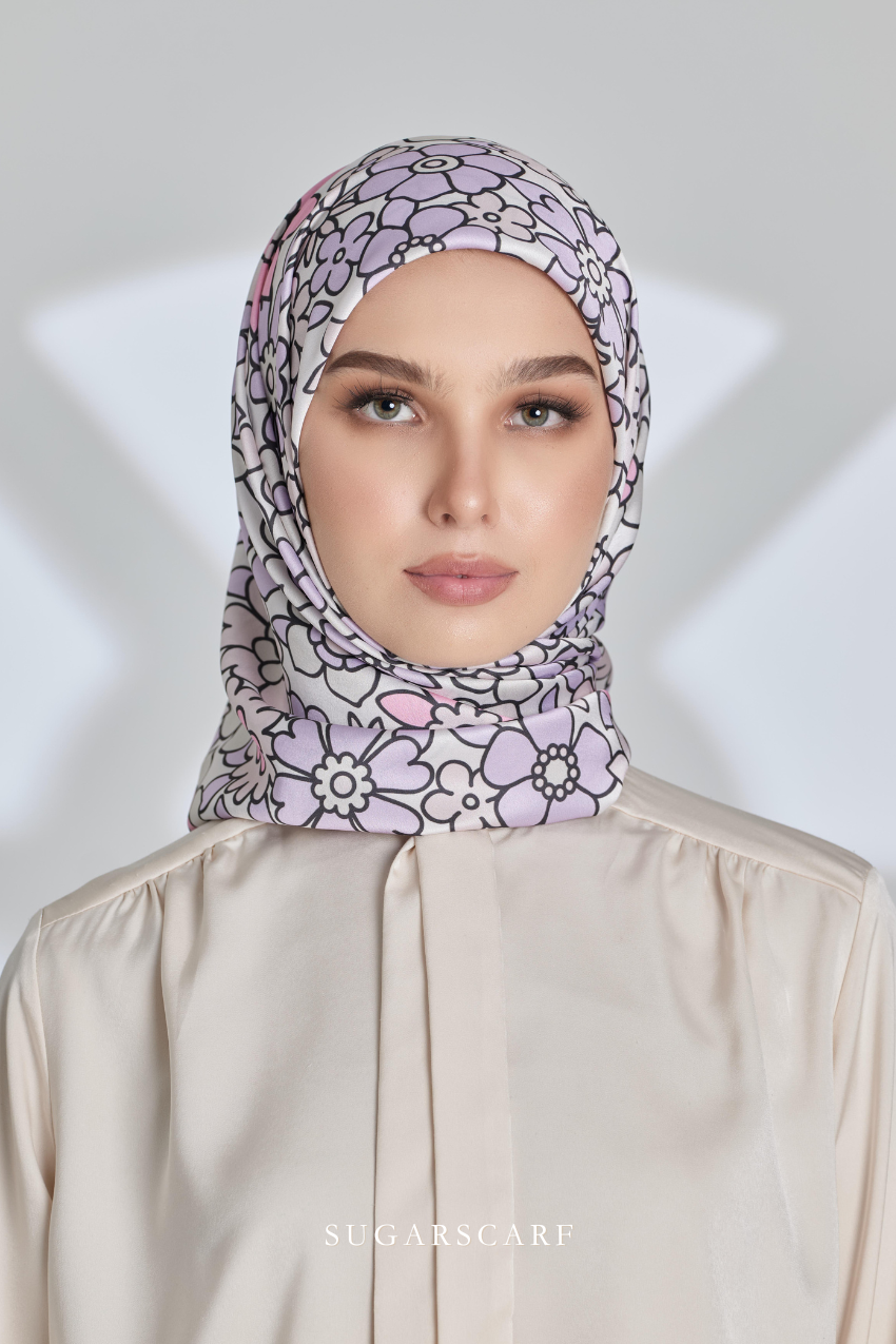 ( Square ) Eid Flower Power Mixed Satin Silk Scarf ( PILLOW TALK )