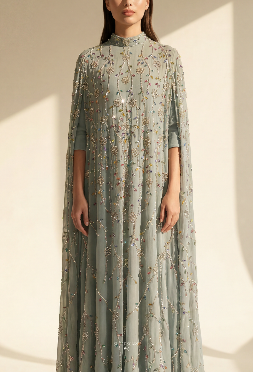 Angeline Crystal Beads Drape In DustyBlue-Green
