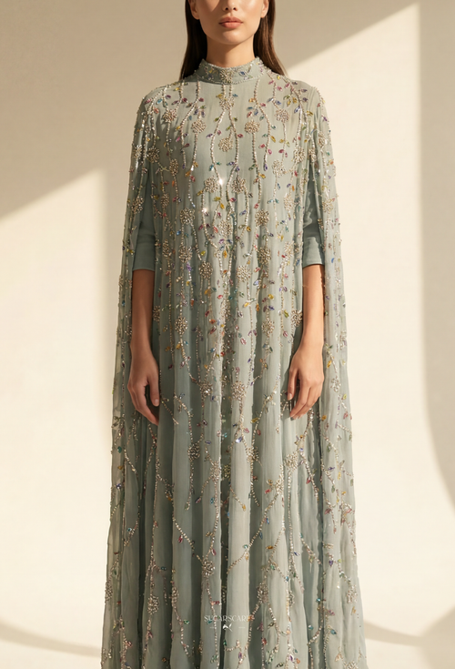 Angeline Crystal Beads Drape In DustyBlue-Green