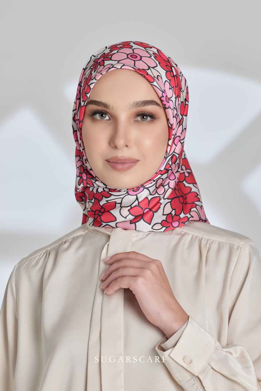 ( Square ) Eid Flower Power Mixed Satin Silk Scarf ( DRAMA )