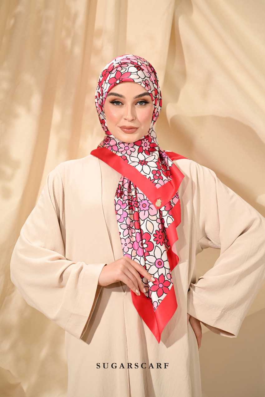 YES DEFECT - ( Square ) Eid Flower Power Mixed Satin Silk Scarf ( DRAMA )
