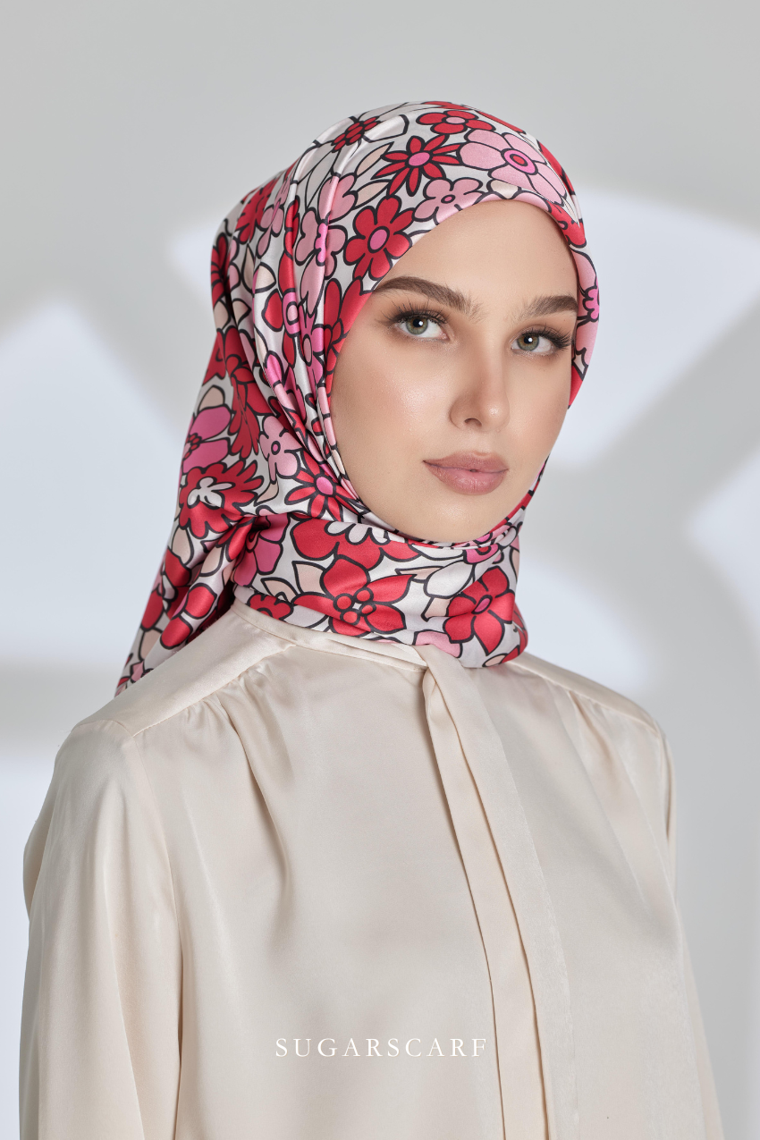 ( Square ) Eid Flower Power Mixed Satin Silk Scarf ( DRAMA )