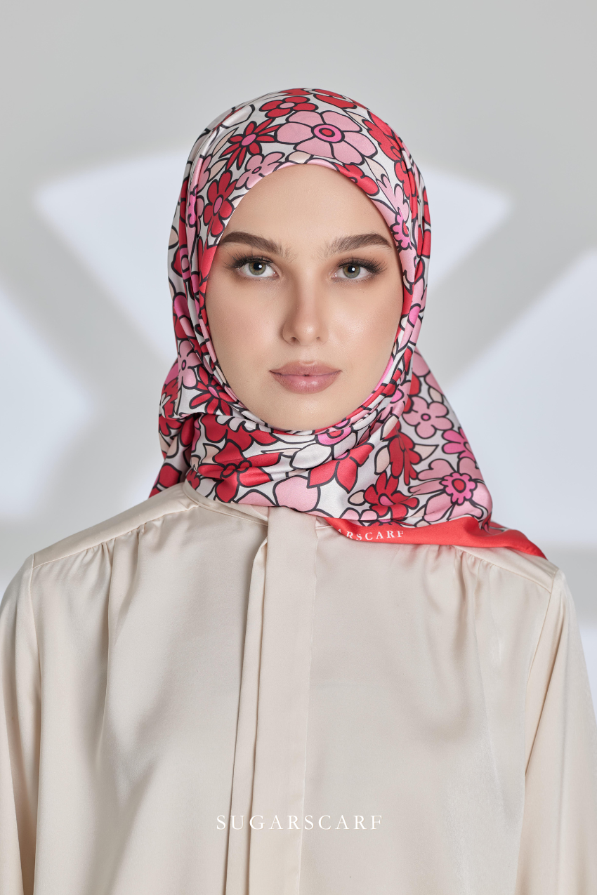 ( Square ) Eid Flower Power Mixed Satin Silk Scarf ( DRAMA )