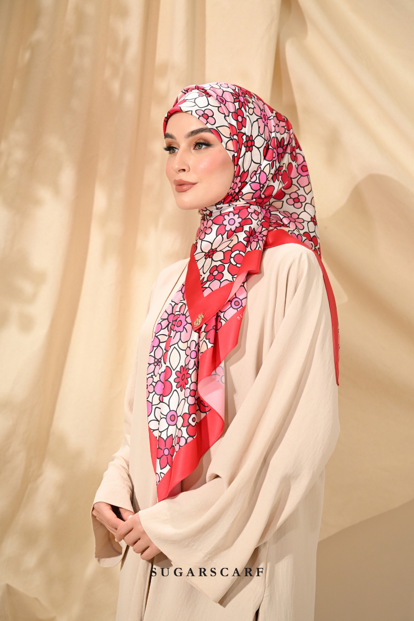 YES DEFECT - ( Square ) Eid Flower Power Mixed Satin Silk Scarf ( DRAMA )