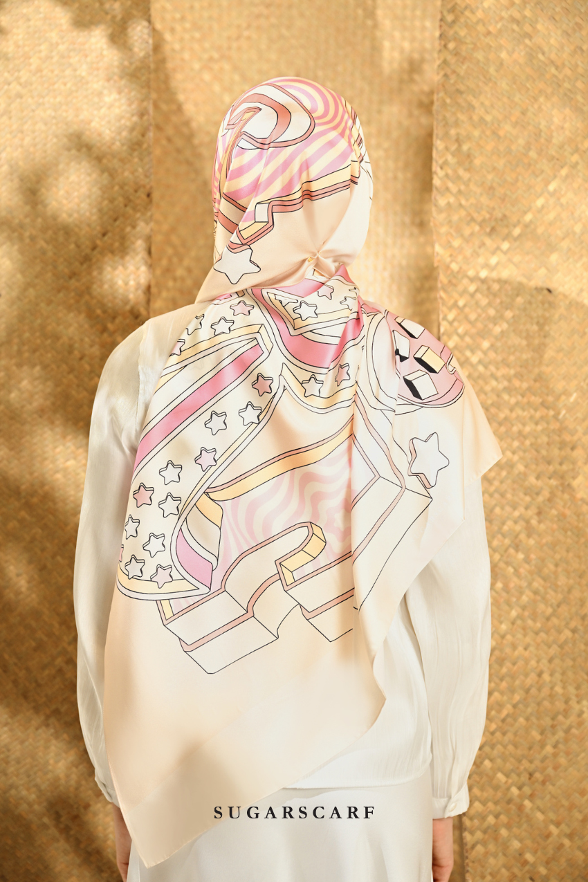 ( Square ) Seri Raya Riang Mixed Satin Silk Scarf ( BUTTER COOKIE )