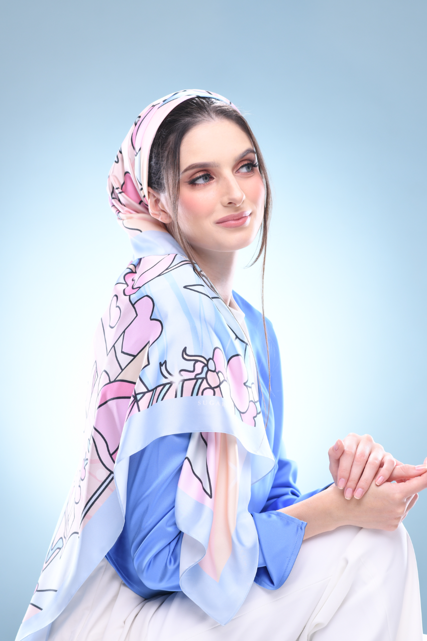 YES DEFECT - ( Satin Square ) LE ThePinkHoliday Satin Silky Matte Scarf ( Blue Sand )