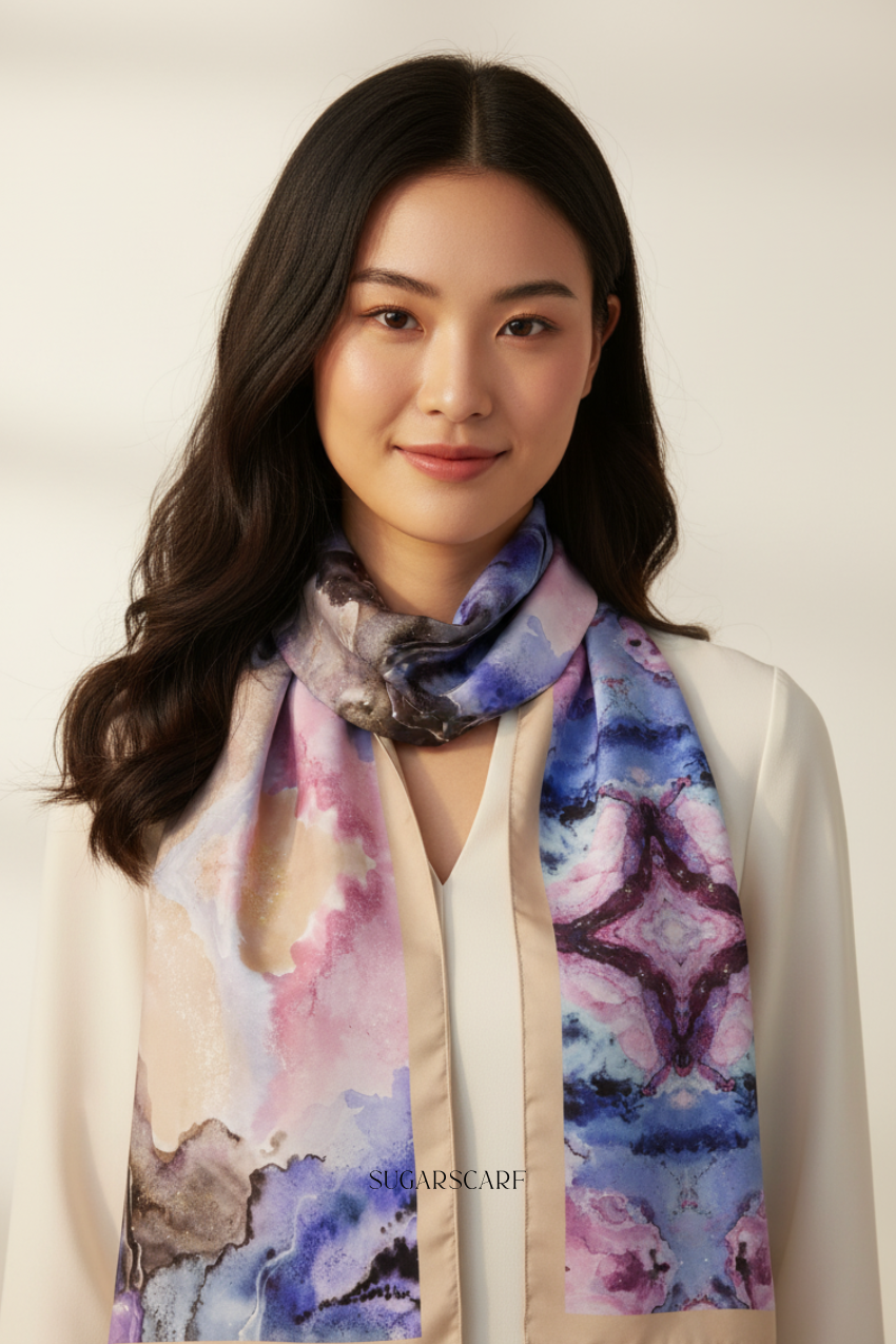 YES DEFECT - ( Shawl ) Celeste Matte Satin Silk In Purple Galaxy
