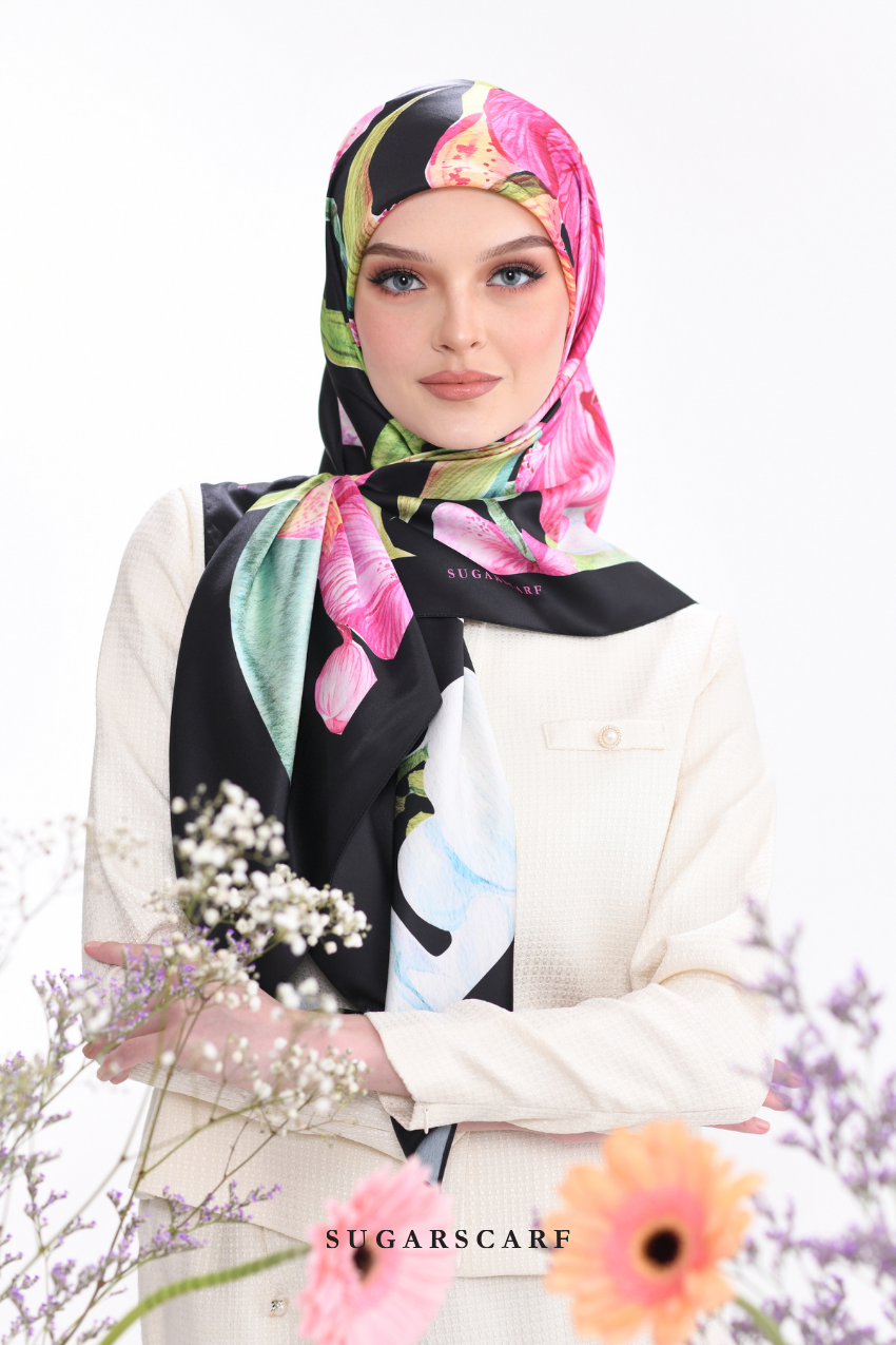 YES ( Square ) Seri Fiora Mixed Satin Silk Scarf ( SERI MALAM )