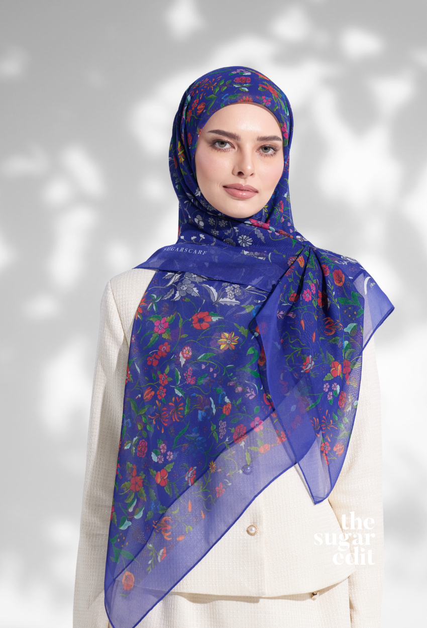 As Is ( Japanese Voile Square Scarf 46inch ) Enchanted Garden ( Electric Blue)