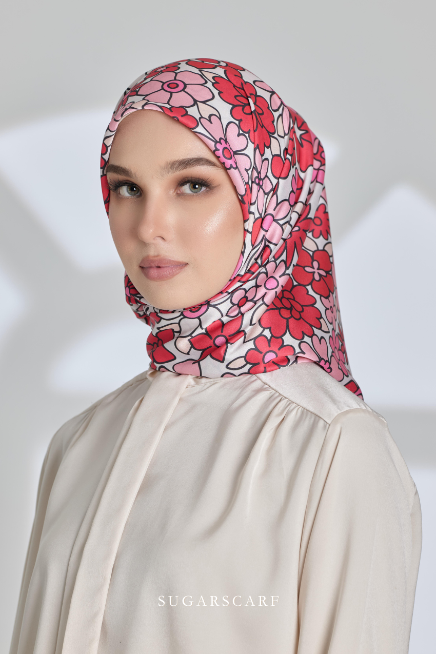 ( Square ) Eid Flower Power Mixed Satin Silk Scarf ( DRAMA )