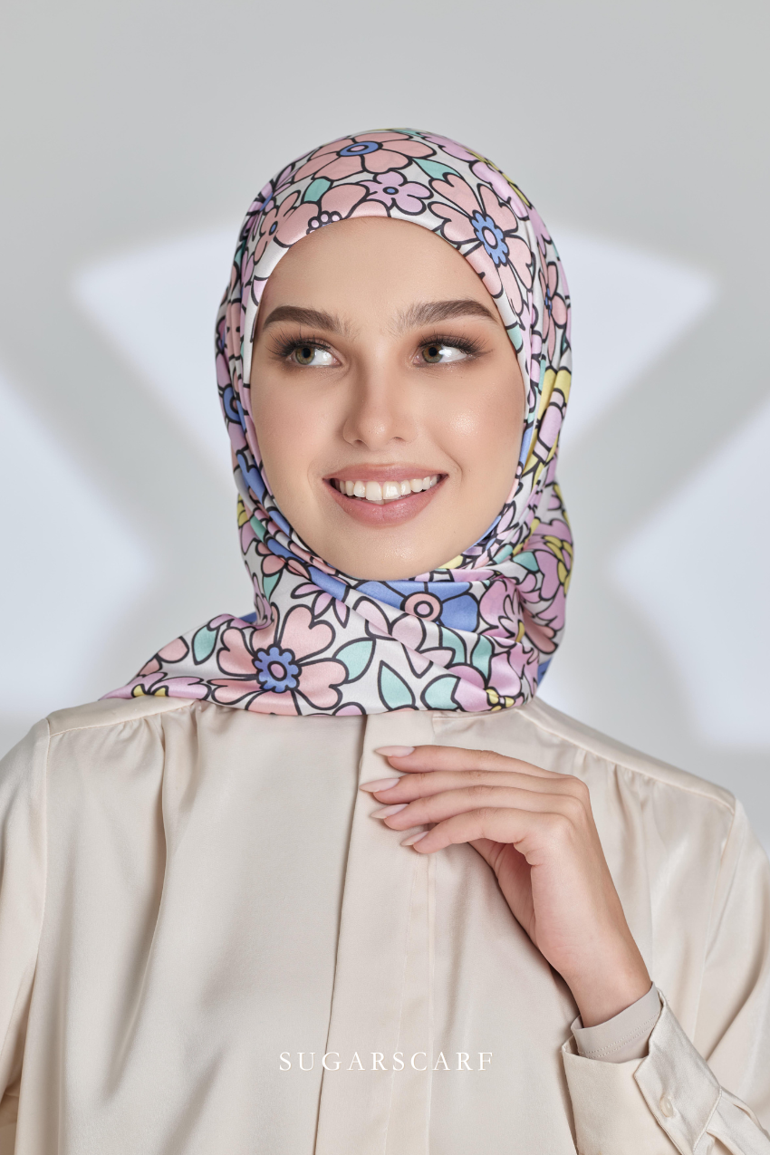 ( Square ) Eid Flower Power Mixed Satin Silk Scarf ( FASHIONISTA )