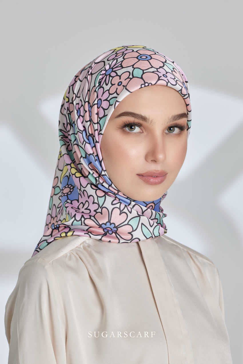 ( Square ) Eid Flower Power Mixed Satin Silk Scarf ( FASHIONISTA )