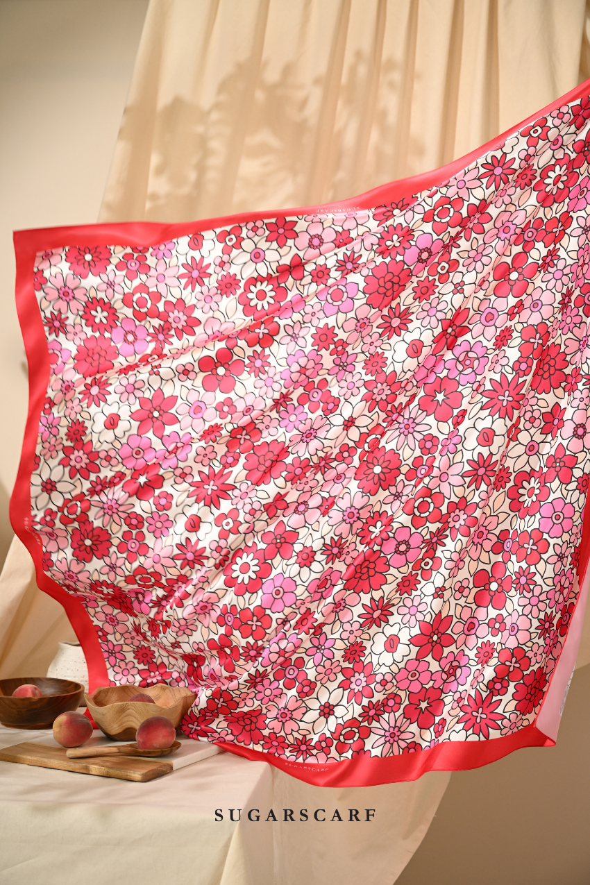 YES DEFECT - ( Square ) Eid Flower Power Mixed Satin Silk Scarf ( DRAMA )