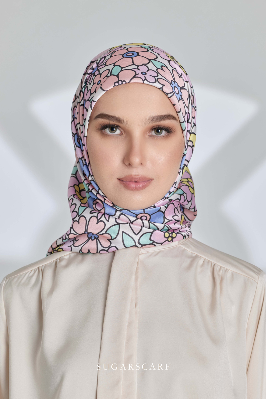 ( Square ) Eid Flower Power Mixed Satin Silk Scarf ( FASHIONISTA )