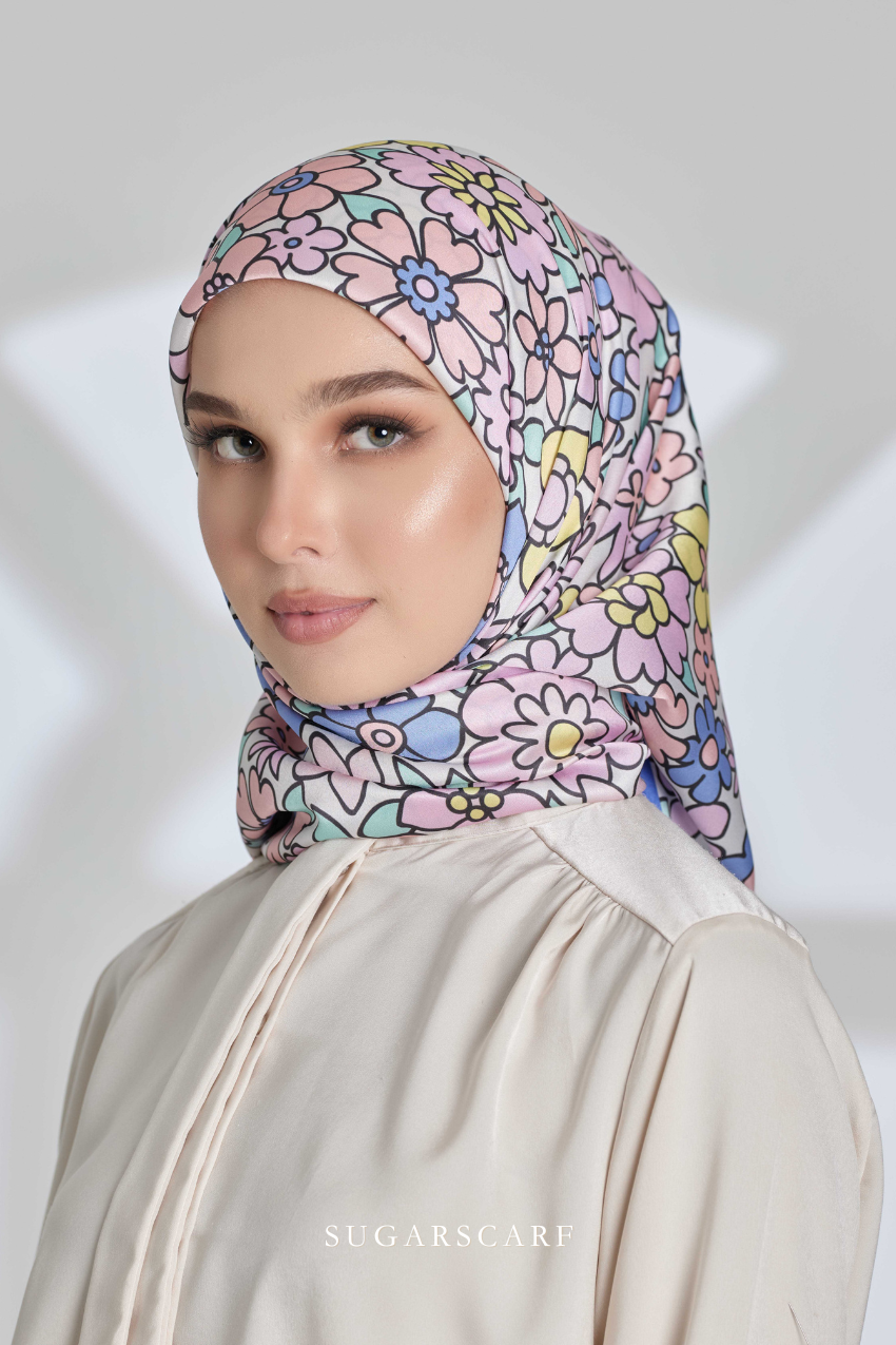 ( Square ) Eid Flower Power Mixed Satin Silk Scarf ( FASHIONISTA )