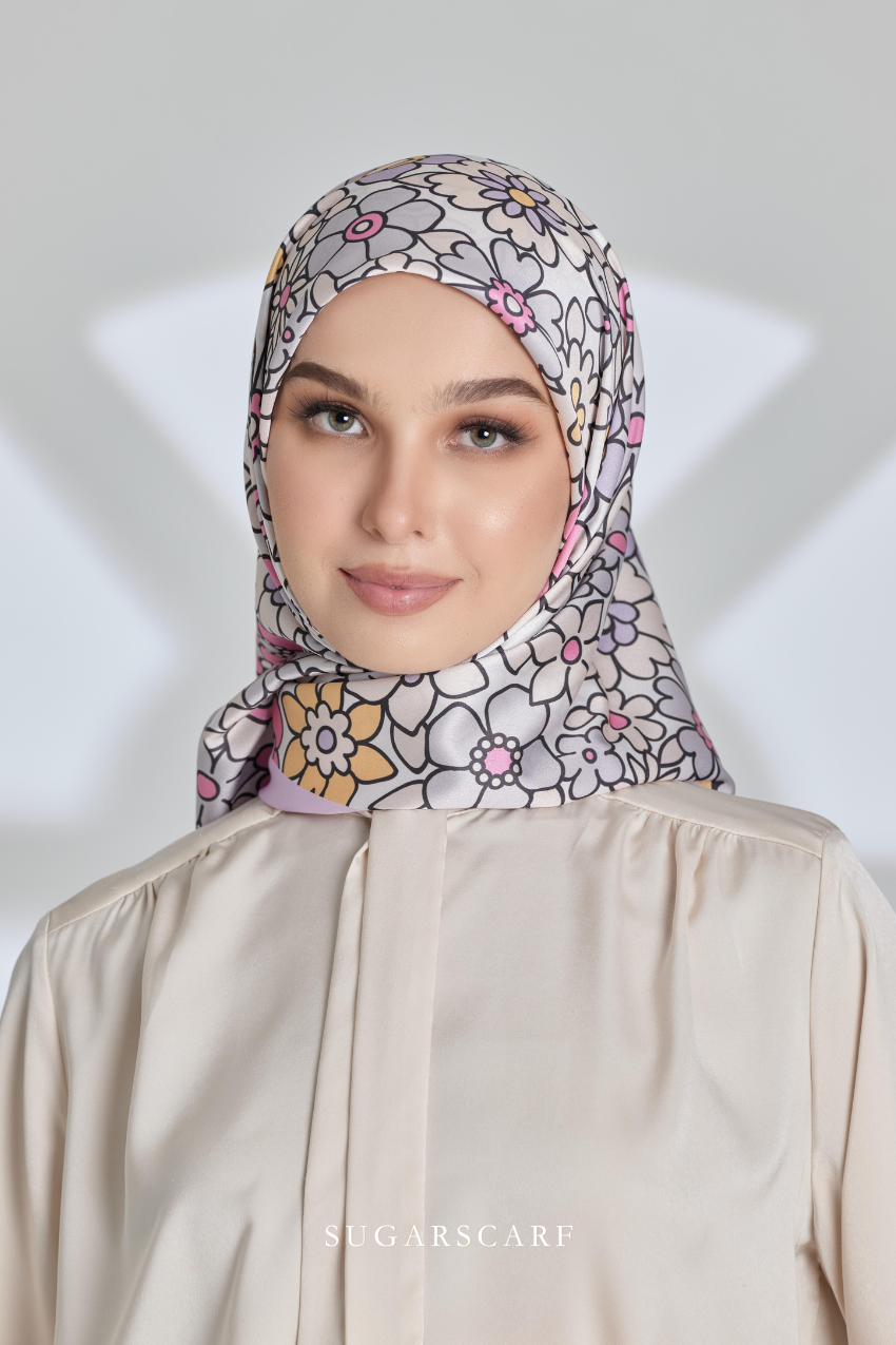 ( Square ) Eid Flower Power Mixed Satin Silk Scarf ( HANDBAGS )